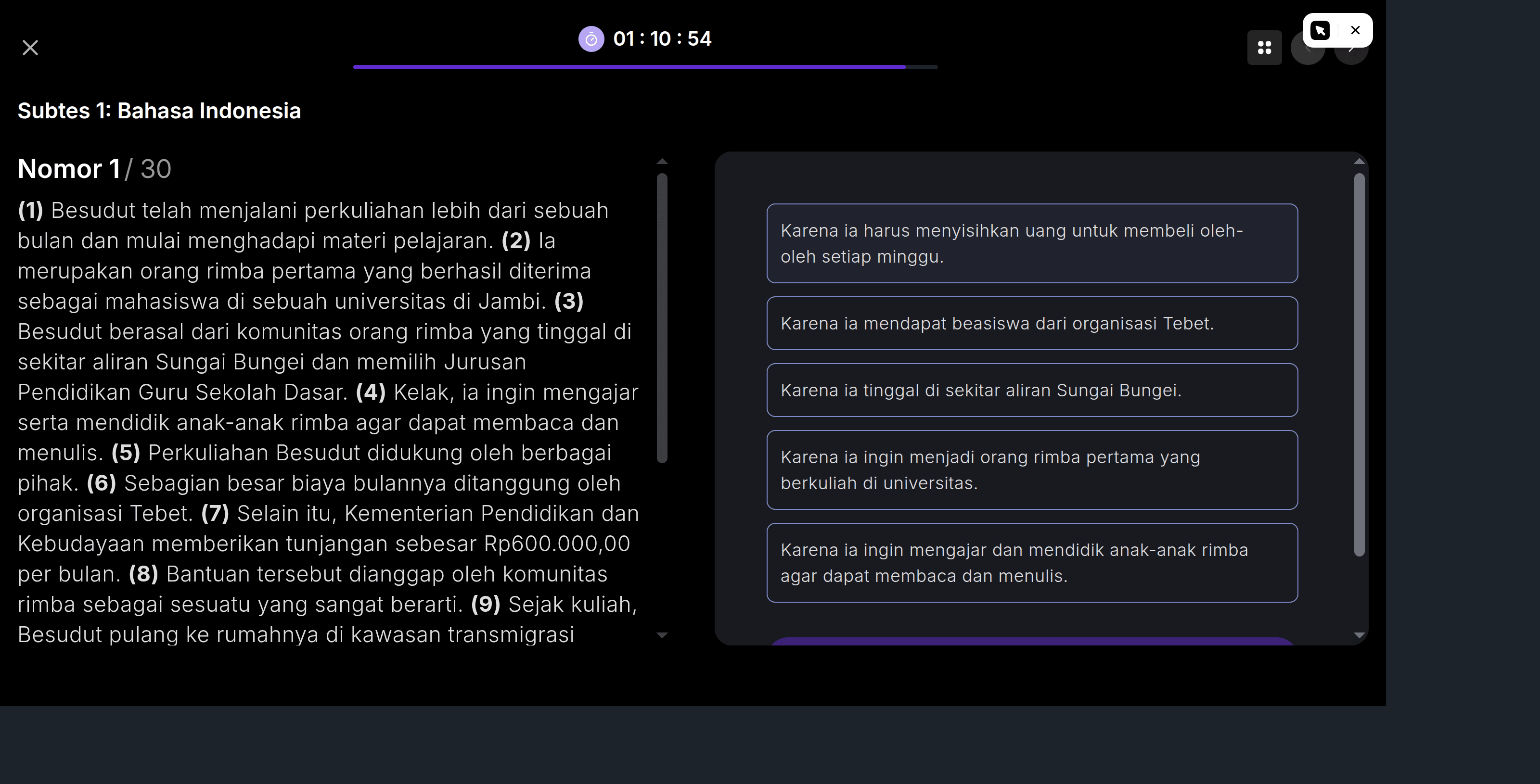 Tampilan simulasi tryout CBT dengan timer dan palet nomor soal